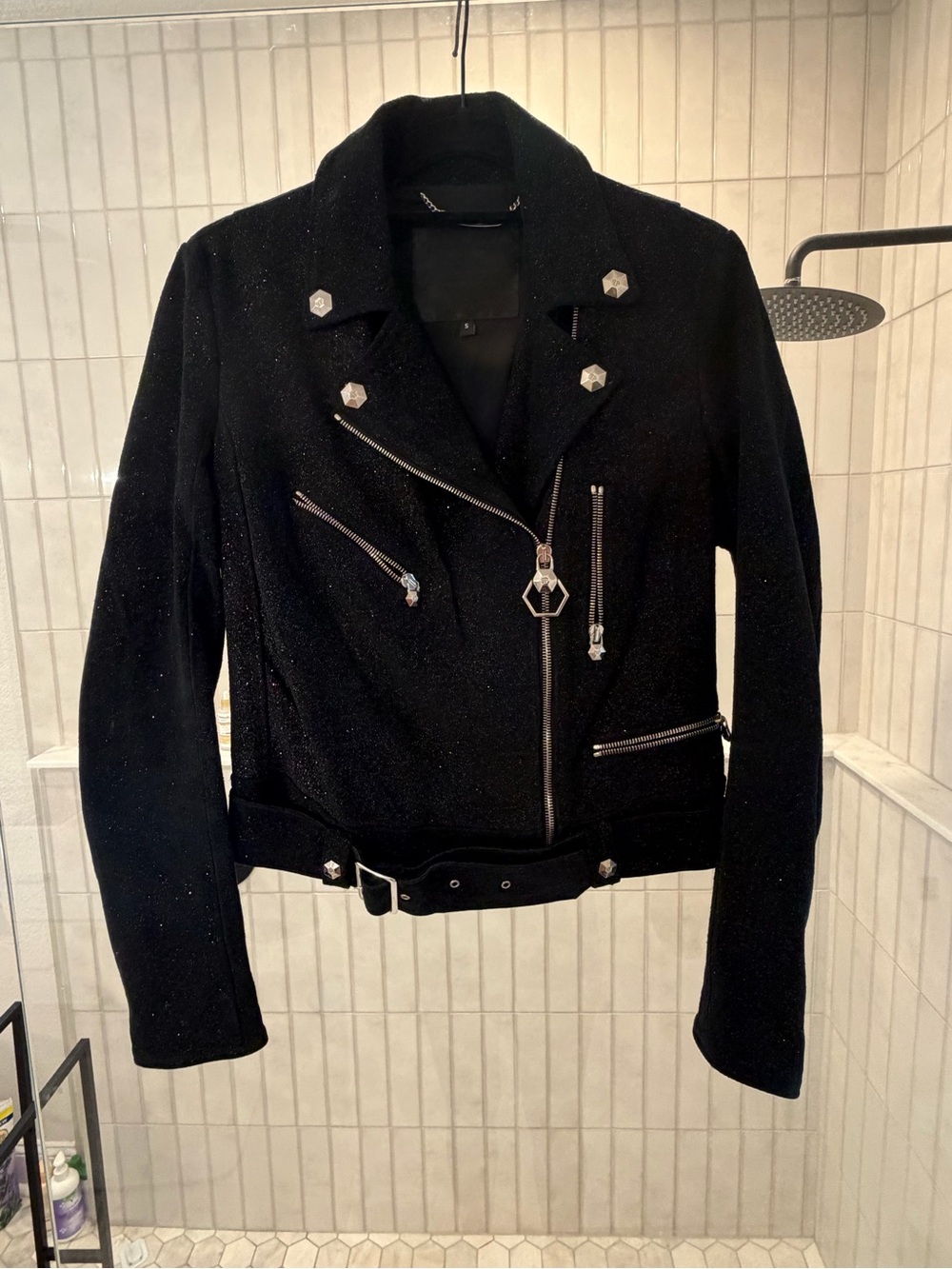 Philipp Plein Black Sparkle Moto Jacket with Zip Details